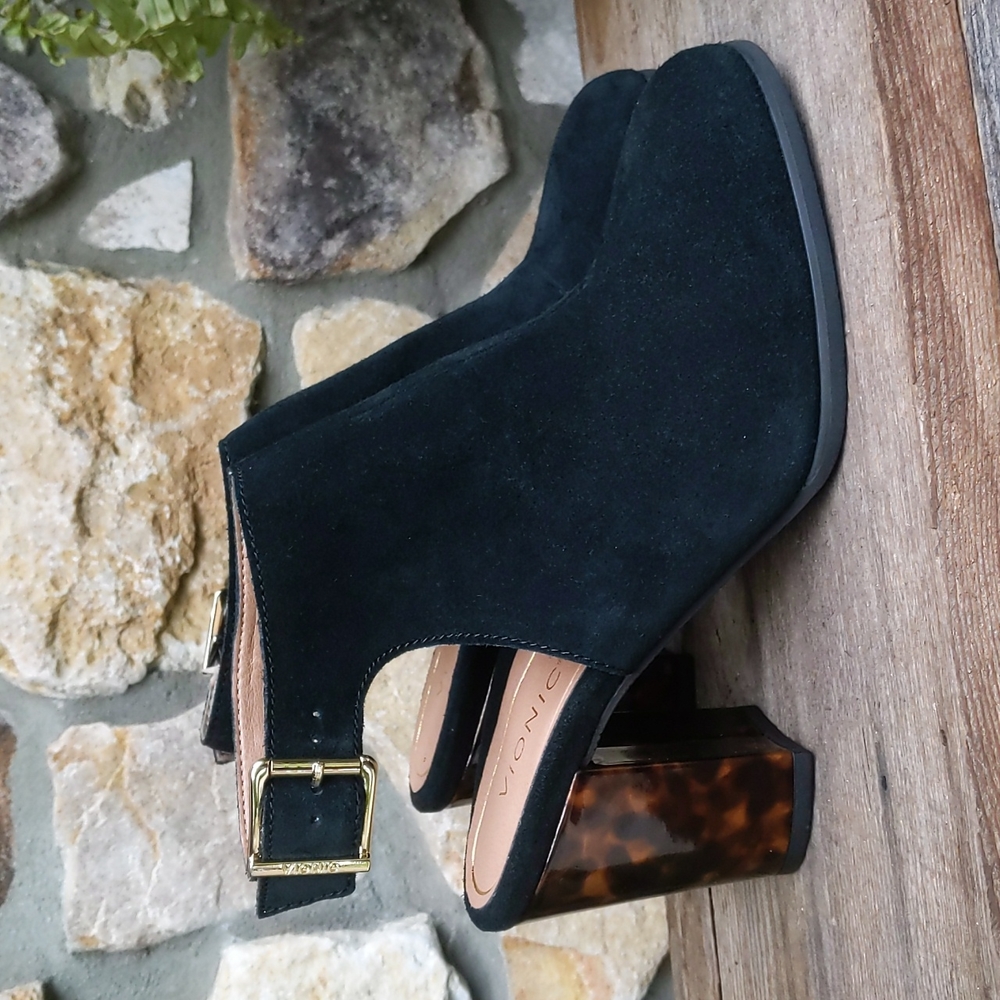 Vionic Perk Lacey Suede and Tortoise Bootie with Concealed Orthotic Support